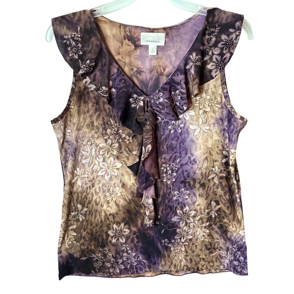 Y2K Dressbarn Sleeveless Blouse Womens S Purple Floral Animal Print Whimsigoth